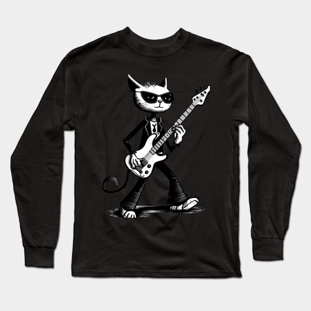 Funny Guitar Cat Rock Sunglasses Cat Playing Guitar Cool Cat Long Sleeve T-Shirt by AE Desings Digital